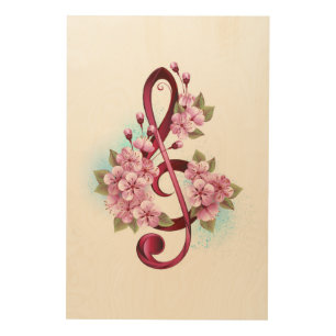 Musical treble clef notes with Sakura flowers Wood Wall Art