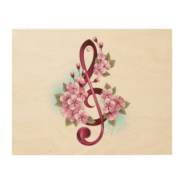 Musical treble clef notes with Sakura flowers Wood Wall Art (Front)