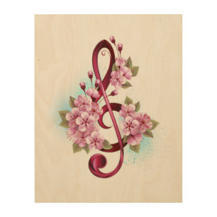Musical treble clef notes with Sakura flowers Wood Wall Art