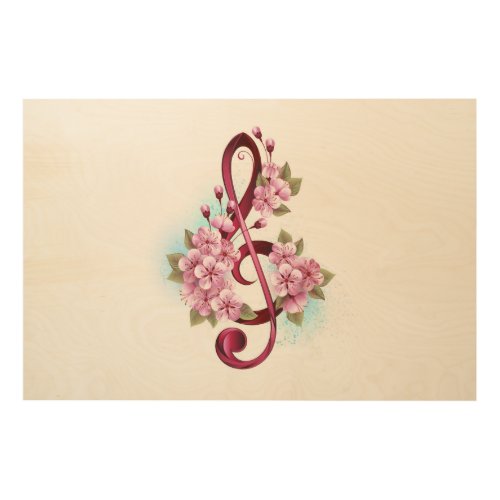 Musical treble clef notes with Sakura flowers Wood Wall Art