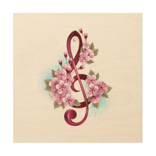 Musical treble clef notes with Sakura flowers Wood Wall Art