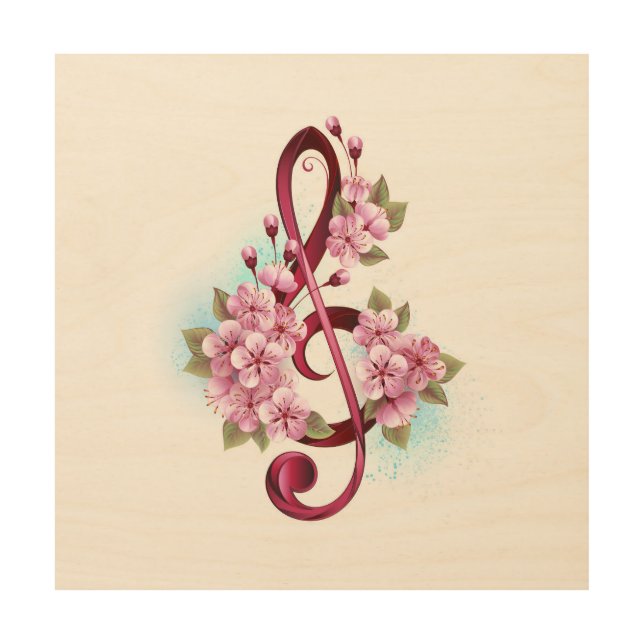 Musical treble clef notes with Sakura flowers Wood Wall Art (Front)
