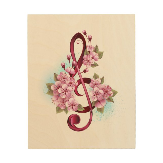 Musical treble clef notes with Sakura flowers Wood Wall Art (Front)