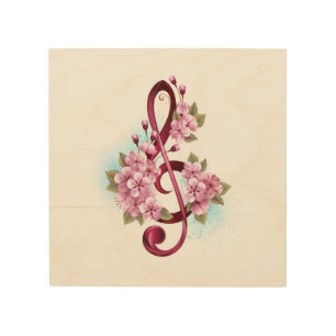 Musical treble clef notes with Sakura flowers Wood Wall Art