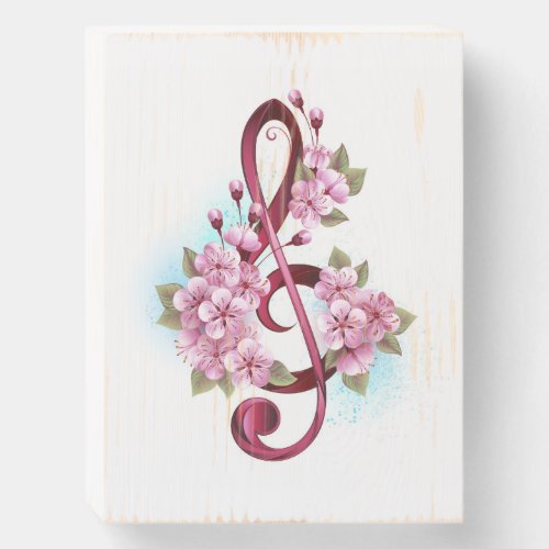Musical treble clef notes with Sakura flowers Wooden Box Sign