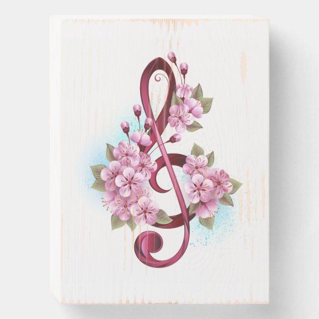 Musical treble clef notes with Sakura flowers Wooden Box Sign (Front Vertical)
