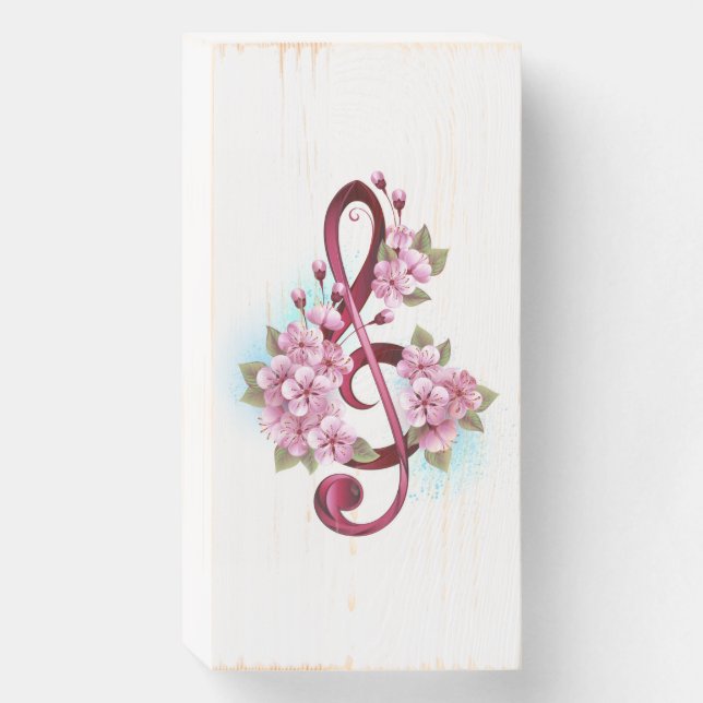 Musical treble clef notes with Sakura flowers Wooden Box Sign (Front Vertical)