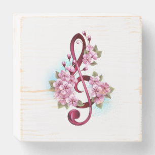 Musical treble clef notes with Sakura flowers Wooden Box Sign