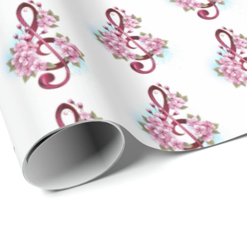 Musical treble clef notes with Sakura flowers Wrapping Paper