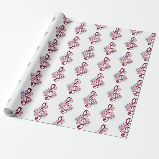 Musical treble clef notes with Sakura flowers Wrapping Paper (Unrolled)