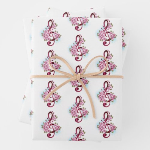 Musical treble clef notes with Sakura flowers Wrapping Paper Sheets