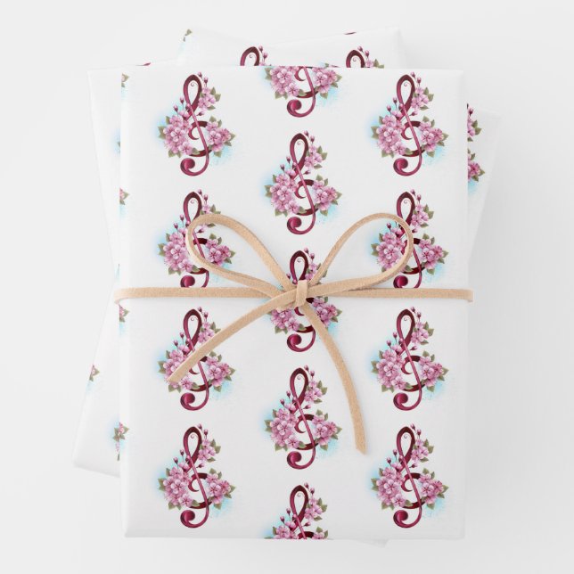Musical treble clef notes with Sakura flowers Wrapping Paper Sheets (In situ)