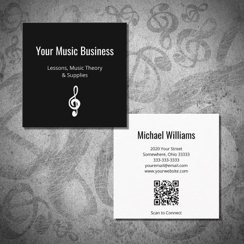 Musical Treble Clef QR code Music Lessons Black Square Business Card