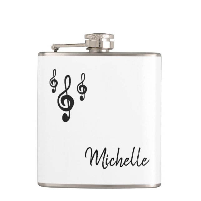 Musical Treble Clef Simple Black White Flask (Front)