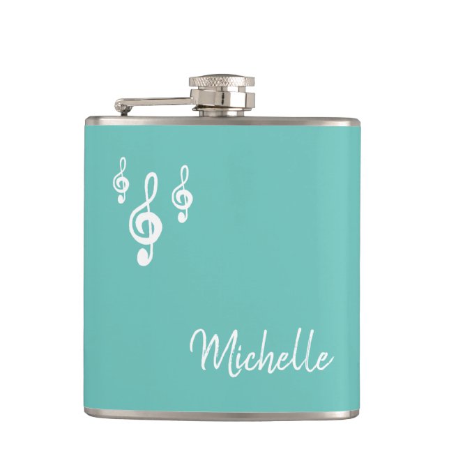 Musical Treble Clef Typography Trendy Teal Green Flask (Front)