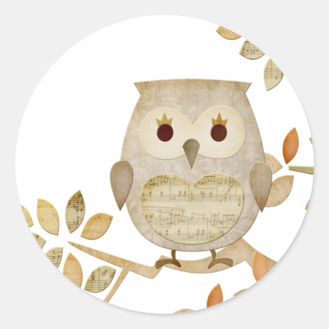 Musical Tree Owl Classic Round Sticker (Front)