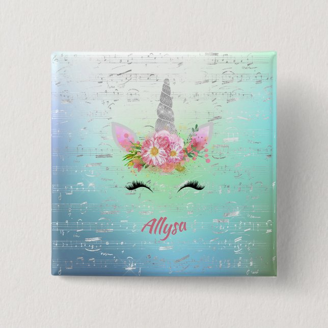 Musical Unicorn Horn and Floral Eyelashes Button (Front)
