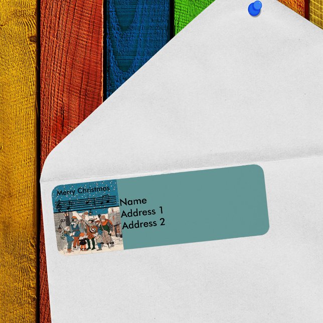 Musical Vintage Christmas Carolers Label (Merry Christmas old time carolers and musicians on Street corner on return address label.)