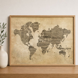 Musical Vintage Sheet Music World Map Antique Poster
