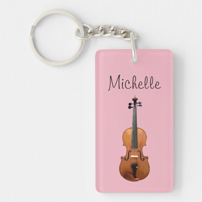 Musical Violin Cute Pink Personalized Keychain (Front)