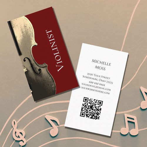 Musical Violin Performer QR code Red Minimalist   Business Card