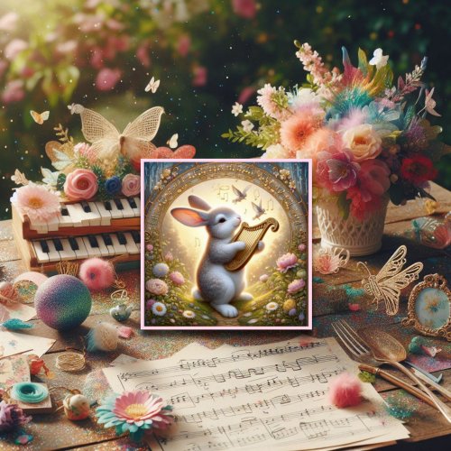 Musical Woodland Bunny Flowers Easter Holiday Card