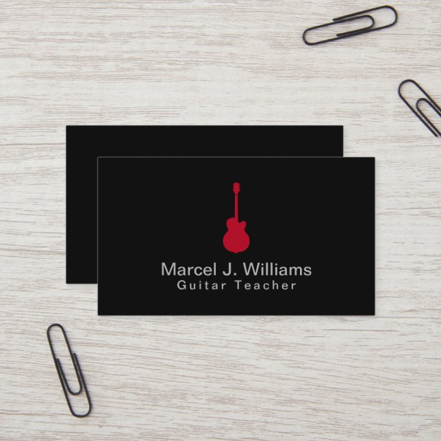 Musician Acoustic Red Guitar Modern Black Business Card (Front/Back In Situ)