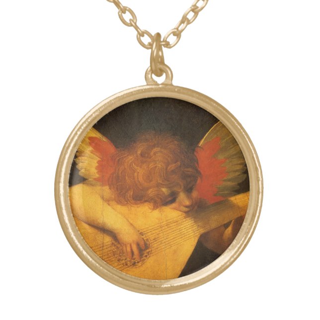 Musician Angel Playing Lute by Rosso Fiorentino Gold Plated Necklace (Front)