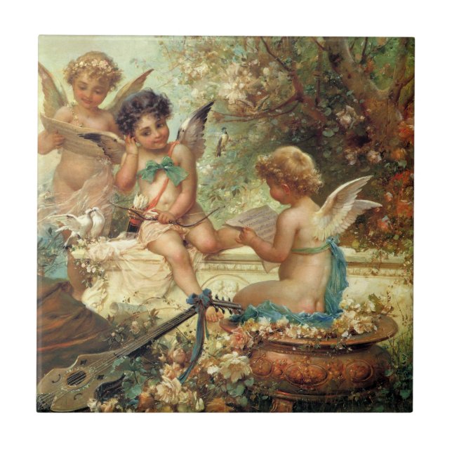 Musician Angels by Hans Zatzka, Victorian Fine Art Ceramic Tile (Front)