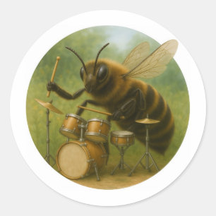 Musician Bee Playing Drum Set Classic Round Sticker