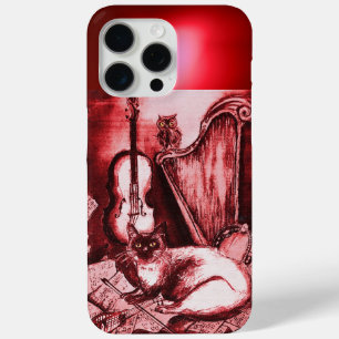 MUSICIAN CAT ,OWL,MUSICAL INSTRUMENTS IN RED RUBY iPhone 15 PRO MAX CASE