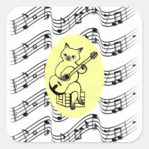 Musician Funny Cat Playing Guitar on Music Notes Square Sticker