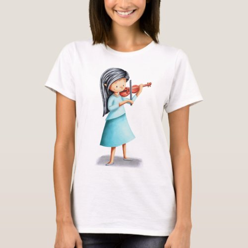 Musician Girl Playing Violin Illustrated T_Shirt