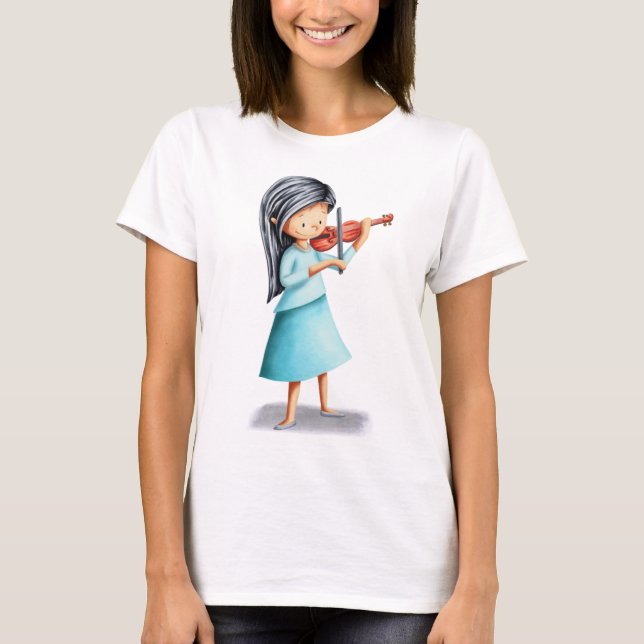 Musician Girl Playing Violin Illustrated T-Shirt (Front)