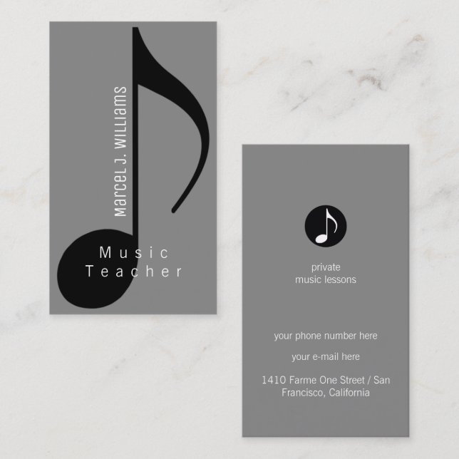 Musician Gray Business Card with musical note (Front/Back)