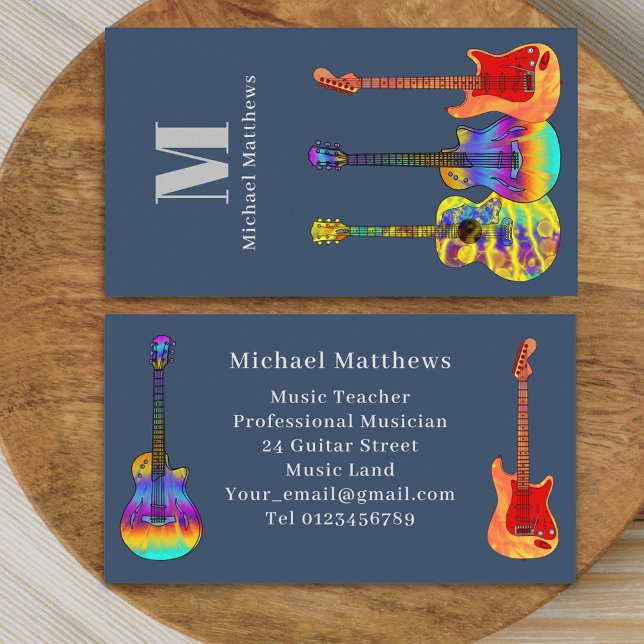 Musician Guitar Music Tutor Monogram Personalized Business Card (Modern guitar music teacher professional musician blue Business card Colorful guitar art)