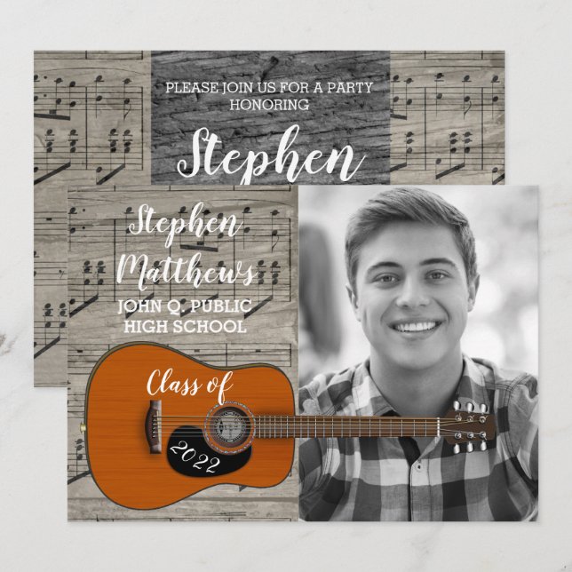 Musician Guitarist Rustic Photo Graduation Invitation (Front/Back)