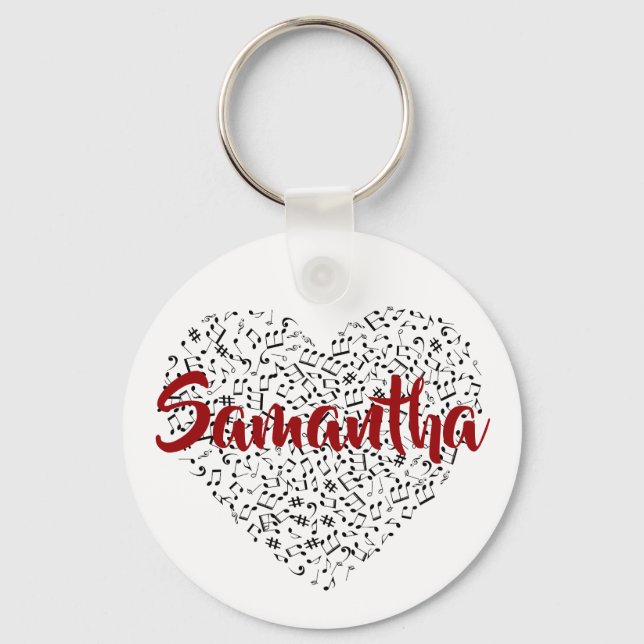 Musician Heart of Musical Notes, Red Script Name Keychain (Front)