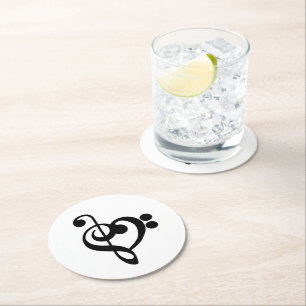 Musician Music Heart - Treble Bass Clef Round Paper Coaster