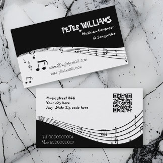 Musician music staff and QR code black Business Card
