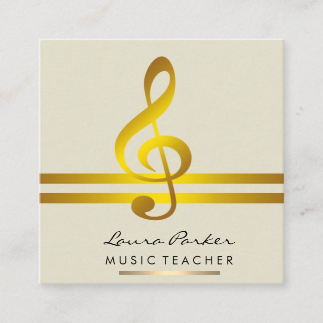 Musician Music Teacher with Musical Notes in Gold Square Business Card (Front)