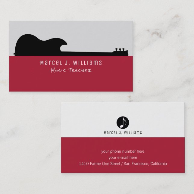 musician red business card with black guitar (Front/Back)