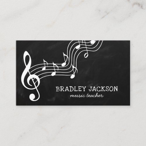 Musician Teacher | Modern Music Tutor Business Card - Professional music teacher business cards for a musician or music tutor featuring musical notes on a chalkboard background, and a modern text template that is easy to personalize.