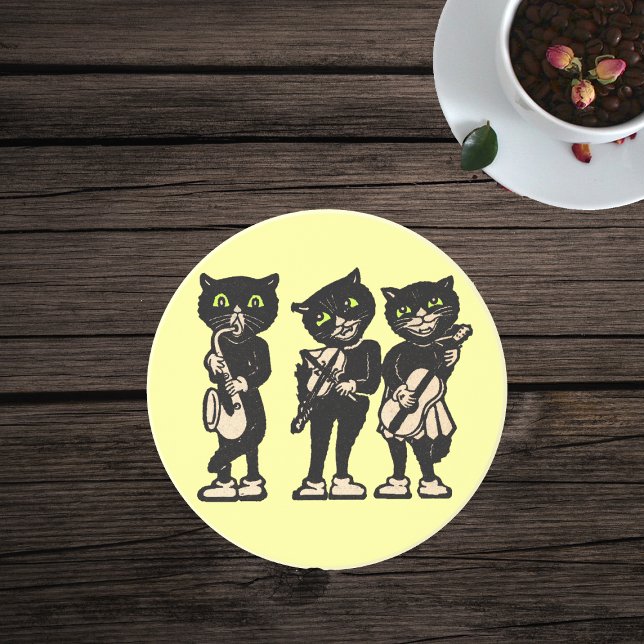 Musician Vintage Black Cats Drink Coaster (Three black cat musicians playing musical instruments on bright yellow drink coaster.)