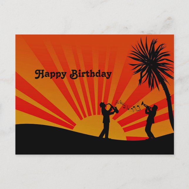 Musicians Orange Sunset Silhouette Birthday Postcard (Front)