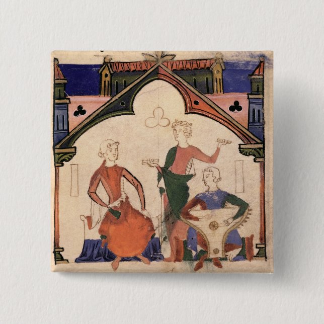 Musicians playing castanets and a psaltery button (Front)