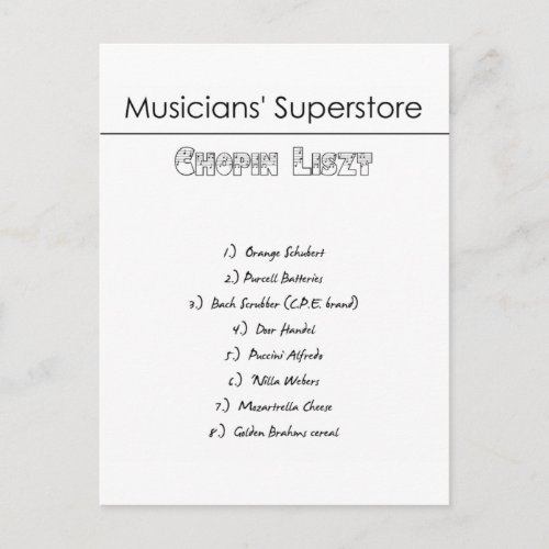 Musicians Superstore Shopping List Postcard