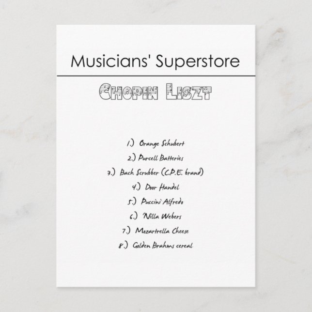Musicians' Superstore Shopping List Postcard (Front)