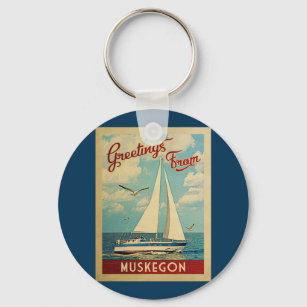 Muskegon Sailboat Vintage Travel Michigan Keychain