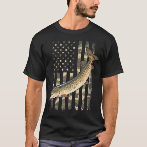 Muskie American Flag Camouflage fishing muskie T_Shirt